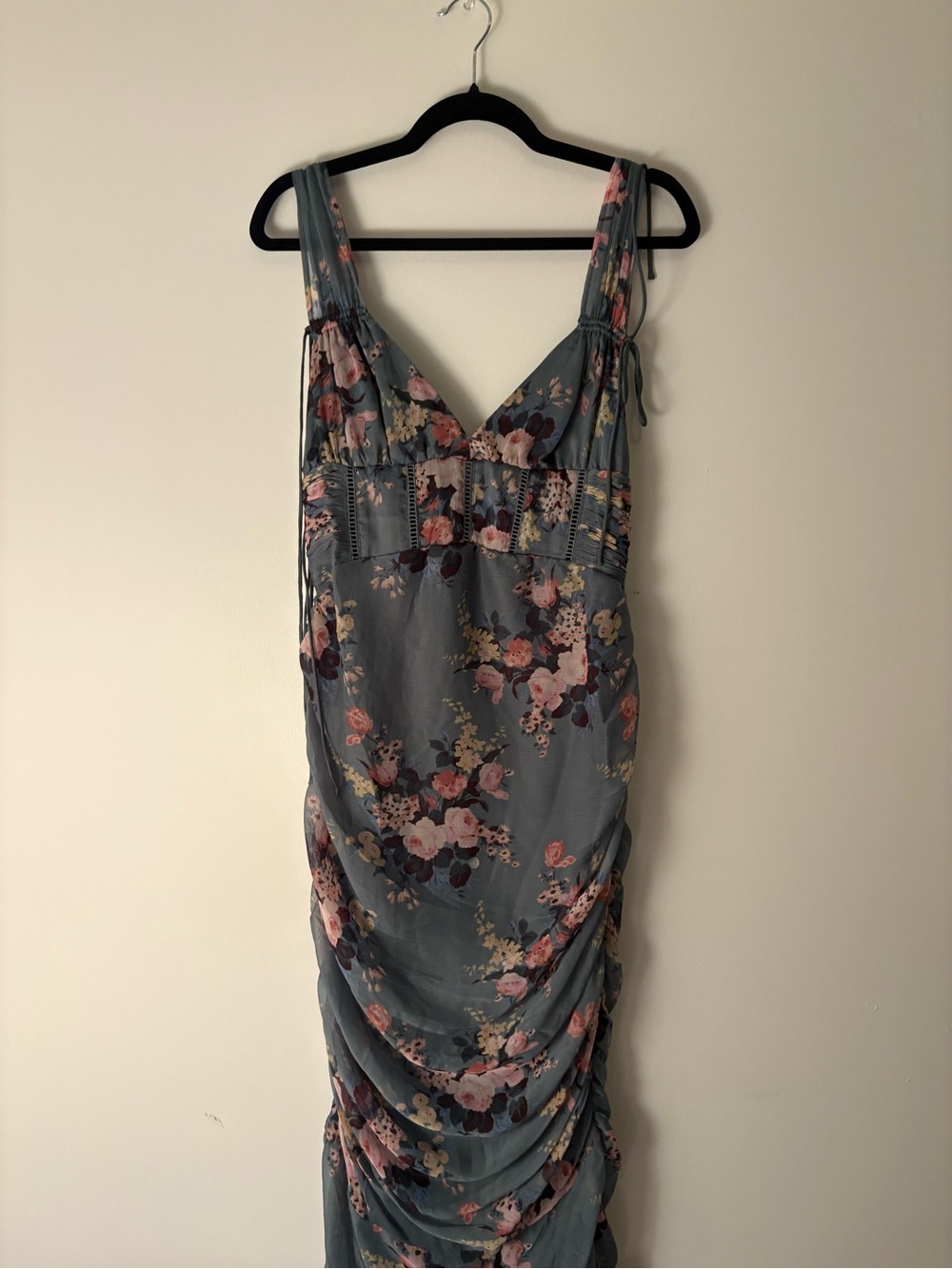 ASOS New with Tags Blue Floral Ruched Mesh Midi Dress